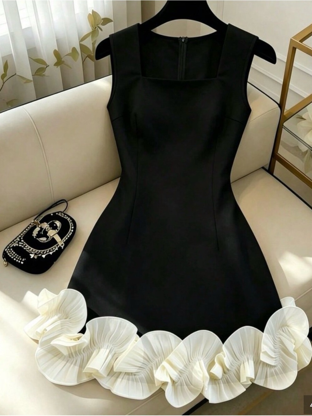 Black Elegant Women's Colorblock Ruffle Sleeveless Dress